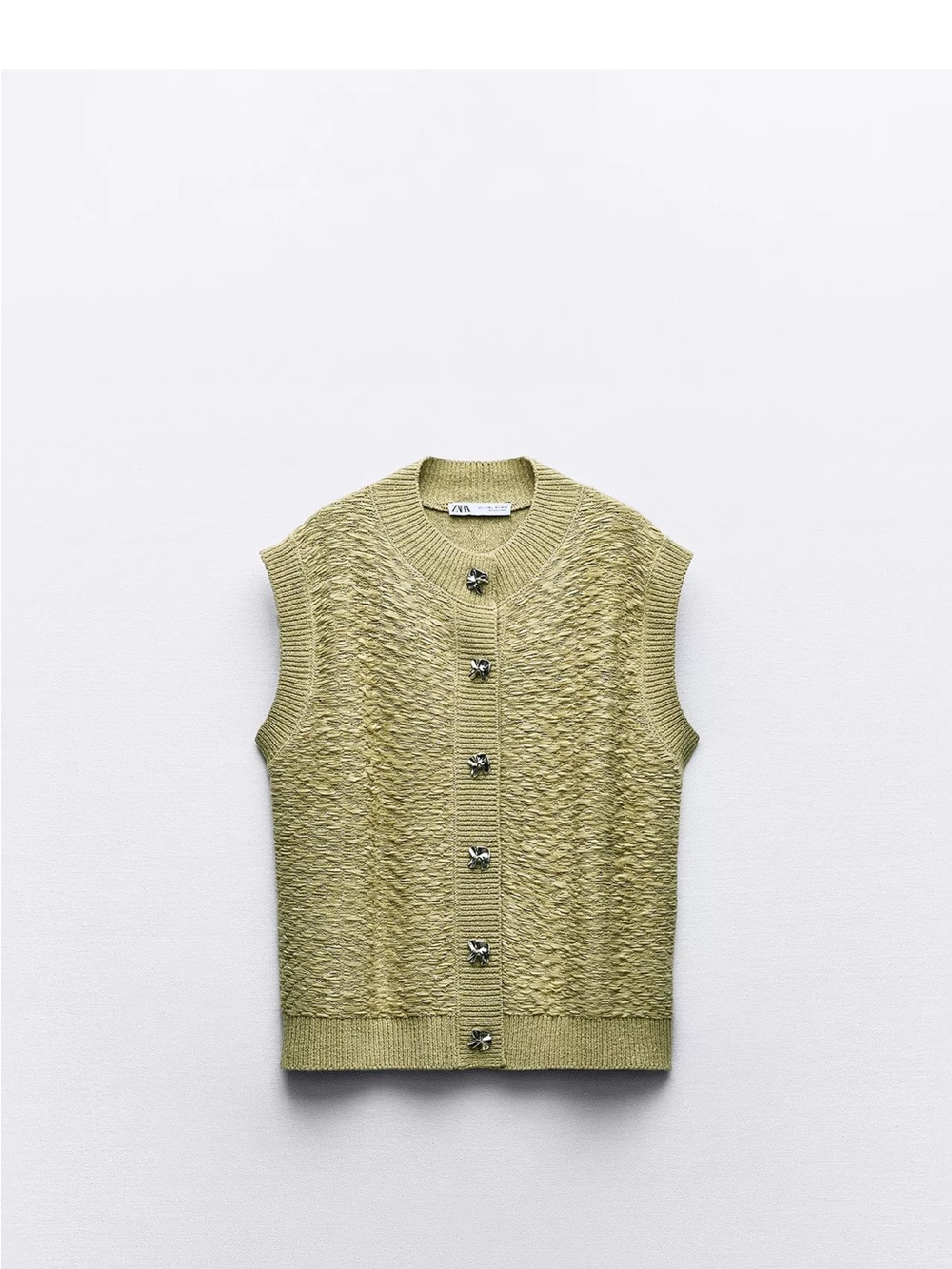 Zara Light Olive Textured Knit Button Vest